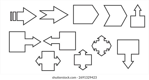 Conjunto minimalista de vetor de coleção de forma de contorno — Pacote de ícones de direção geométrica, Setas de linha fina para Infográfico, Fluxograma, Diagrama, Navegação, Negócios e Design de Interface