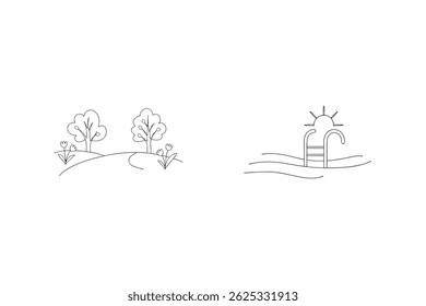 Minimalist Outline Art Of Nature Scenery And Swimming Pool Graphic Design
