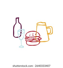 Minimalist outline of beer mug, wine bottle, glass, and burger on white background