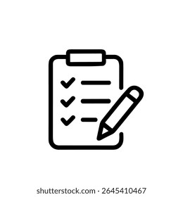 Lista de verificação minimalista da área de transferência de contorno com ícone de símbolo de forma de lápis