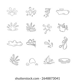 Minimalist outline collection of water drop and splash vector icons. Water drops doodle icon sign. Decorative set Droplet splash symbol. Hand drawn ink sketch. Liquid element. cry droplet icons.sauce 