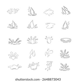Minimalist outline collection of water drop and splash vector icons. Water drops doodle icon sign. Decorative set Droplet splash symbol. Hand drawn ink sketch. Liquid element. cry droplet icons.sauce 