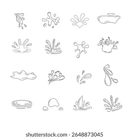 Minimalist outline collection of water drop and splash vector icons. Water drops doodle icon sign. Decorative set Droplet splash symbol. Hand drawn ink sketch. Liquid element. cry droplet icons.sauce 