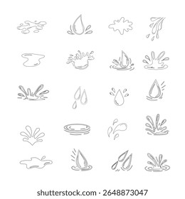 Minimalist outline collection of water drop and splash vector icons. Water drops doodle icon sign. Decorative set Droplet splash symbol. Hand drawn ink sketch. Liquid element. cry droplet icons.sauce 