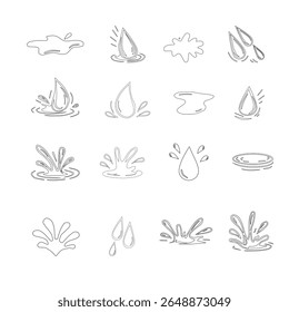 Minimalist outline collection of water drop and splash vector icons. Water drops doodle icon sign. Decorative set Droplet splash symbol. Hand drawn ink sketch. Liquid element. cry droplet icons.sauce 