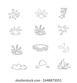 Minimalist outline collection of water drop and splash vector icons. Water drops doodle icon sign. Decorative set Droplet splash symbol. Hand drawn ink sketch. Liquid element. cry droplet icons.sauce 