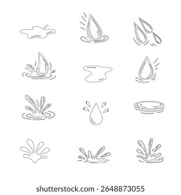 Minimalist outline collection of water drop and splash vector icons. Water drops doodle icon sign. Decorative set Droplet splash symbol. Hand drawn ink sketch. Liquid element. cry droplet icons.sauce 