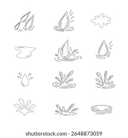 Minimalist outline collection of water drop and splash vector icons. Water drops doodle icon sign. Decorative set Droplet splash symbol. Hand drawn ink sketch. Liquid element. cry droplet icons.sauce 