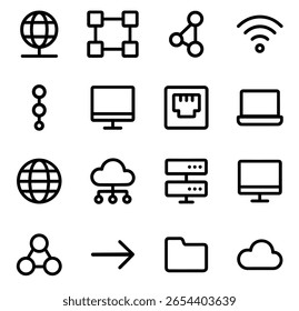 Conjunto minimalista de ícones da tecnologia de comunicação de rede de estrutura de tópicos