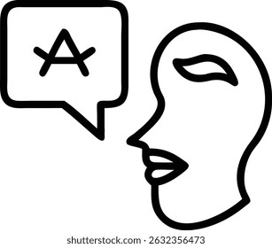 Um contorno minimalista representa um perfil de face com uma bolha de fala contendo a letra A e um símbolo de cruz, representando a linguagem ou a comunicação.