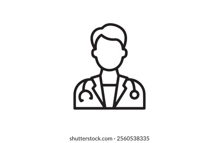 A minimalist outline of a doctor wearing a stethoscope and a lab coat, symbolizing healthcare, medical professionals, and clinical services on a white background.