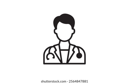 A minimalist outline of a doctor wearing a stethoscope and a lab coat, symbolizing healthcare, medical professionals, and clinical services on a white background.