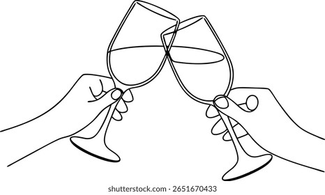 Minimalist outline drawing of a celebratory toast, two people clinking glasses of wine or champagne at a party, holiday, or New Year's Eve event.