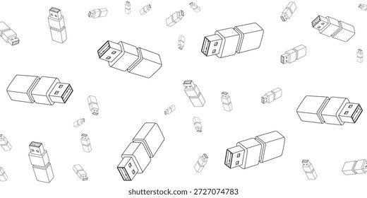 Um desenho de contorno minimalista apresenta várias unidades flash USB espalhadas e flutuando em um fundo branco limpo, criando um padrão repetitivo e tecnológico.
