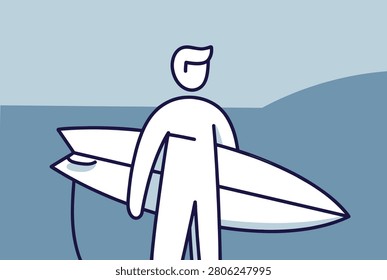 Minimalist outline drawing of a man standing on the beach and holding a surfboard with a simple sea and sky backdrop.