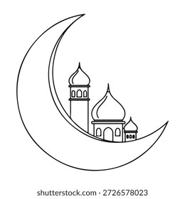 Um desenho de linha detalhado com uma mesquita com dois minaretes e uma cúpula, situado contra o pano de fundo de uma lua crescente. A mesquita é retratada com detalhes arquitetônicos intrincados, incluindo janelas arqueadas e elementos decorativos.
