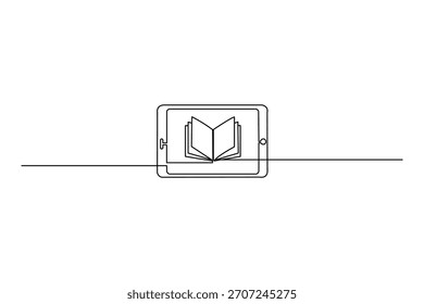 Desenho de contorno minimalista de um dispositivo inteligente com um símbolo de livro