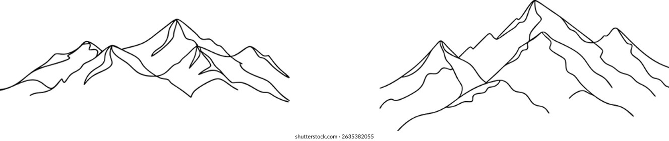 Minimalist outline drawings depicting majestic mountain ranges in linear artistic style
