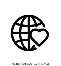 Minimalist Outline Earth Globe with Heart Shape Line Art Icon