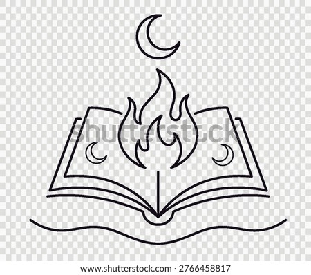 Minimalist outline of an enchanted spell book with burning flames and mystical crescent moon icons.