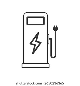 Esquema minimalista de uma estação de carregamento EV com plug e símbolo de raio, perfeito para energia verde, transporte eco-friendly e temas de infraestrutura modernos.
