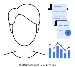 Minimalistischer Umriss einer gesichtslosen Person neben zwei aufgerollten Dokumenten mit Schrift und blauem Häkchen. Ein Balkendiagramm mit fünf Spalten und gepunkteten Datenpunkten. Ideal für Datenanalyse, Business