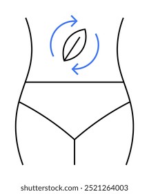 Un contorno minimalista de un torso femenino con ropa interior, acompañado de un símbolo del sistema digestivo, que indica problemas de salud o dietéticos. Ideal para la salud, el bienestar, la dieta, la digestión y la forma física