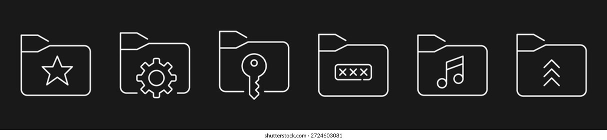 Conjunto de iconos de carpetas de contorno minimalista con estrella, Configuraciones, clave de seguridad, Contraseña, música y símbolos de Cargar para el diseño de UI UX