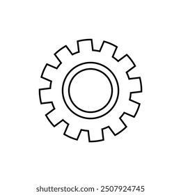 Minimalist outline gear icon. Represents settings, customization, technical adjustments, mechanical themes, user interface design, digital tools, and system configuration concepts in technology.