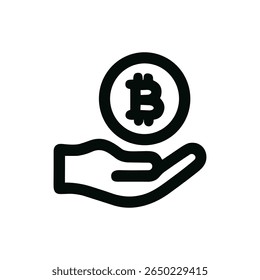 Minimalista Outline Mão Oferta Bitcoin Criptomoeda Ícone de Símbolo de Investimento