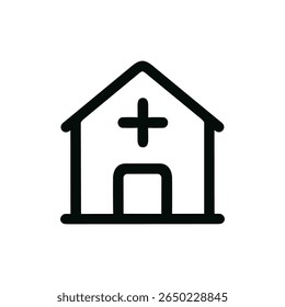 Minimalist Outline Hospital Building With Cross Sign Icon Element Design