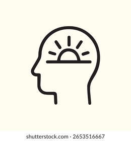 Minimalist outline of a human head with a sun rising inside, symbolizing new ideas, enlightenment, mental clarity, inspiration, positive thinking, and a fresh start.