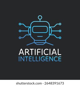 Icono de contorno minimalista de una cabeza de robot de inteligencia artificial con conexiones de circuito. Concepto de Vector moderno de IA, robótica e innovación tecnológica sobre un fondo oscuro.