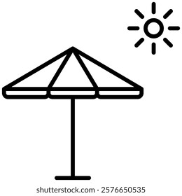 Minimalist outline icon of a beach umbrella with a sun symbol. Perfect for summer, vacation, seaside, and outdoor relaxation themed projects and designs.