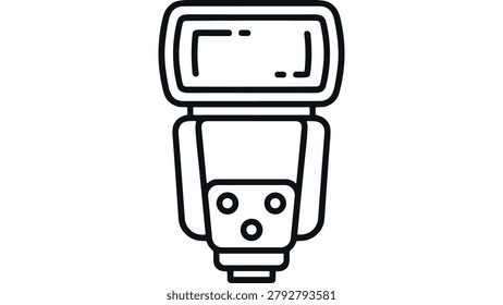 Minimalist outline icon of a camera speedlight flash for photography equipment and gear design