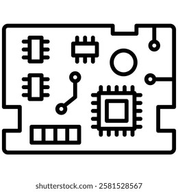 Minimalist outline icon of a circuit board with microchips, pathways, and electronic components. Represents technology, hardware, computing, and digital processing in a simple black-and-white design.