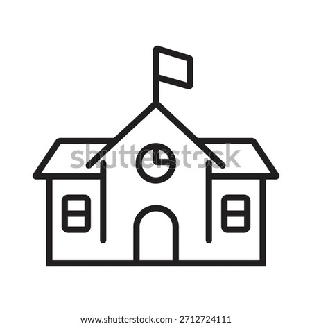 Minimalist outline icon of a classic school building with a flag and clock. Perfect vector symbol for education, learning, campus, and academy concepts.
