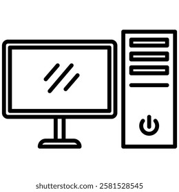 Minimalist outline icon of a computer setup, featuring a monitor and a CPU unit. Represents desktop computing, technology, hardware, IT, workstation, digital processing, and office equipment.