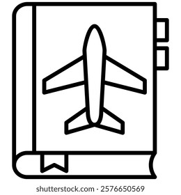 Minimalist outline icon depicting a book with an airplane on the cover, symbolizing summer, vacation, travel guides, itineraries, or aviation-related literature. Suitable for digital or print purposes