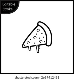 Icono de contorno minimalista que representa una rebanada de pizza triangular con coberturas estilizadas y queso derretido goteando de la corteza. Este diseño limpio presenta un trazo editable y es perfecto para comida rápida
