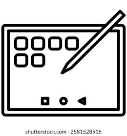 Minimalist outline icon of a digital drawing tablet with a stylus. Represents graphic design, creativity, digital art, touchscreen technology, and modern artistic tools.