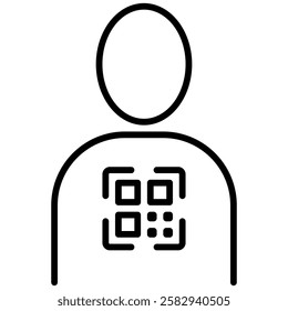 Minimalist outline icon of digital identity featuring a person silhouette with a QR code on the chest, symbolizing digital authentication, identity verification, and secure user credentials.