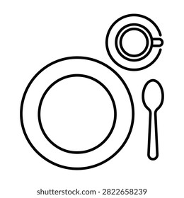Minimalist outline icon of a dinner plate with coffee cup and spoon dinnerware breakfast utensils