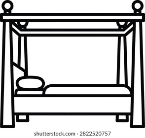 Minimalist Outline Icon of an Elegant Four Poster Bed Featuring a Wooden Frame and Single Comfortable Pillow