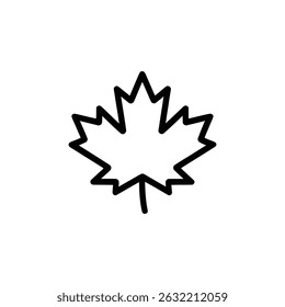 Ein minimalistisches Umrisssymbol zeigt ein Ahornblatt mit einem sichtbaren Stiel, der vor einem transparenten Hintergrund für eine vielseitige Nutzung steht.