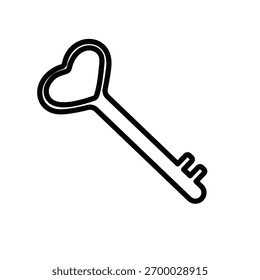 A minimalist outline icon featuring a key with a heart-shaped head. Represents love, access, secrets, and unlocking important concepts.
