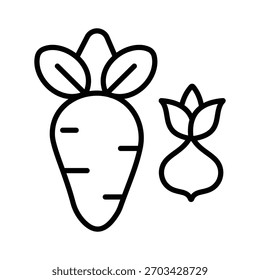 Ein minimalistisches Umrisssymbol mit zwei Wurzelgemüsen, wie Karotte und Rüben. Eine einfache Grafik für gesunde Ernährung und Agrarkonzepte.
