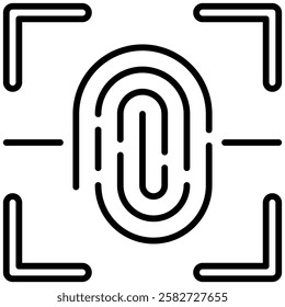 Minimalist outline icon of fingerprint scanner with square frame around the fingerprint. Representing biometric authentication, security, identity verification, secure access, and digital protection.