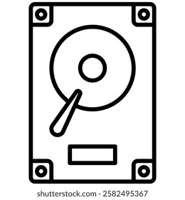 Minimalist  outline icon of a hard drive, symbolizing data storage, backup, computing hardware, and digital information management.