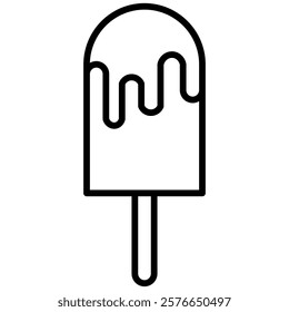 Minimalist outline icon of an ice cream popsicle with melting drips. Perfect for summer, dessert, food, and sweet treat themed designs. Black and white vector illustration.
